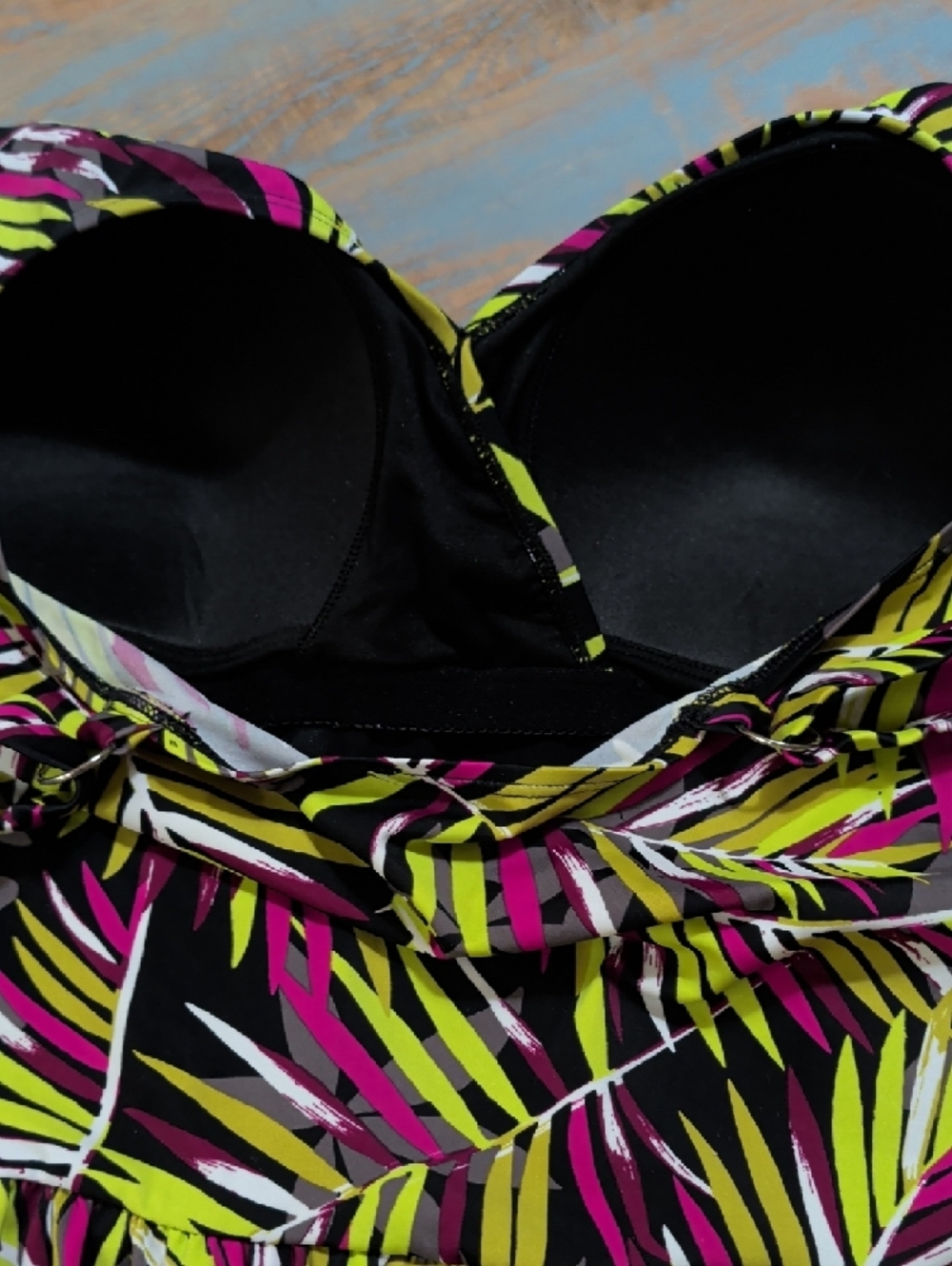 Denim & Co. Beach Ruched Flounce Tropical Yellow/Magenta Swim Dress (Size 14) - Picture 7 of 11